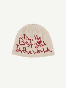 Beige knit beanie with letter knit design, warm winter pull-on cap for daily streetwear.