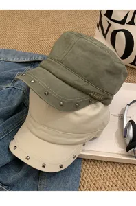 Gorra plana vintage con tachuelas, sombrero militar de algodón informal para mujer.