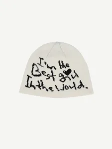 Detailed knit beanie texture and slogan embroidery close-up view for cozy winter daily wear.