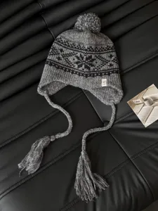 Retro knitted earflap beanie hat with pom pom grey winter warm wool aviator hat for women