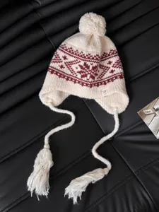Retro fair isle knitted trapper hat with earflaps and tassels, cozy winter beanie