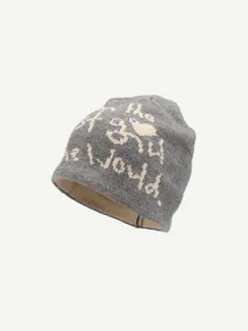 Grey knitted beanie hat winter warm streetwear pullover cap with white jacquard letter details.