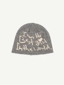 Grey knit beanie with white slogan text, stylish streetwear winter warm pull-on hat.