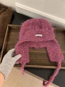 Mohair knit earflap hat with ties and brim, soft fuzzy winter warm bomber hat.