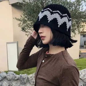 Chapeau bob tricot femme automne hiver chaude laine seau chapeau noir gris motif style