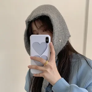 Korean style winter warm knitted hooded scarf, thick ear protection cozy grey beanie hat for women.