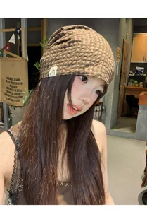 Vintage Kariert Beanie Mütze für Damen, leicht lässig Kopfbedeckung, dünn atmungsaktiv Sommer Kappe.