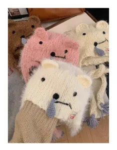 Cute cartoon koala ear knitted hat autumn winter warm fleece wool balaclava cap for women
