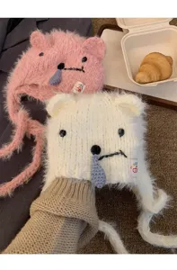 Cute cartoon bear knit hat winter warm earflap beanie for women soft plush wool cap stylish