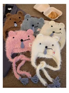 Cute koala ear knitted beanie hat autumn winter warm earflap braided tassel wool cap women