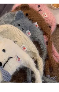 Cute cartoon koala ear knitted beanie hat winter warm braided earflap cap for women