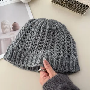 Grey hollow-out wool blend knitted beanie detail, showing soft texture and cozy autumn style.