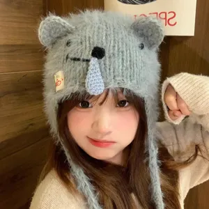 Cute cartoon koala ear knitted beanie hat autumn winter warm funny ear-flap woolen cap