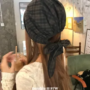 Retro plaid headscarf turban hat for women, stylish tie bow back casual autumn headwear.