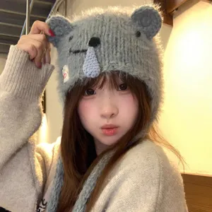 Cute cartoon koala ear knitted beanie hat for women, autumn and winter warm ear protection wool cap.