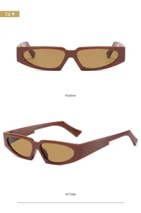 Vista detallada de gafas de sol triangulares estrechas retro marrones con lentes tintadas.