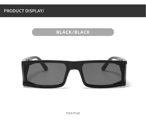 Detailed view of trendy retro rectangular sunglasses featuring dark lenses and thick black frames.