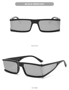 Futuristic punk square sunglasses with mercury lenses, detailed front and side view.