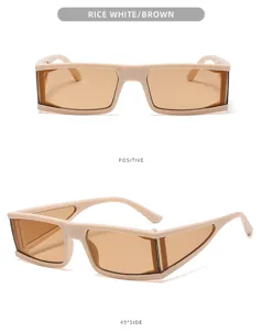 Detailed shot of retro geometric sunglasses with unique frame design and brown lenses.