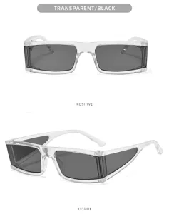 Transparent square cyberpunk sunglasses detail view showing front and side angles of trendy eyewear.