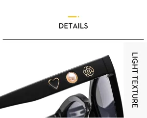 Women fashion black sunglasses with luxury camellia pearl heart temple detail chic eyewear