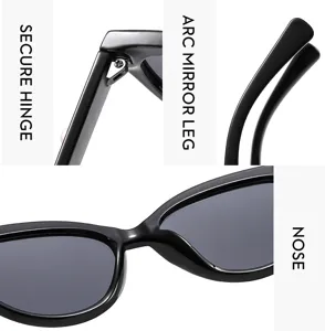 Black cat eye sunglasses detail view with secure hinge, arc mirror leg and design.