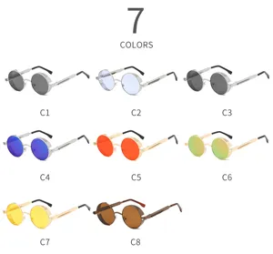 Lunettes de soleil rondes mode pour hommes, lunettes de soleil métal steampunk aux couleurs variées.