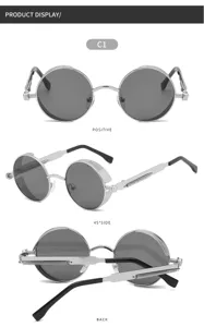 Vue détaillée de lunettes de soleil rondes steampunk vintage avec monture argentée.