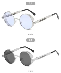 Lunettes de soleil rondes steampunk en métal vintage avec protections latérales et branches.