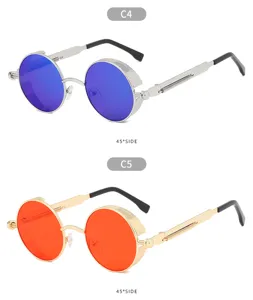 Lunettes de soleil steampunk rondes rétro avec monture en métal et verres colorés.