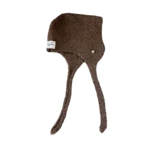 Korean style winter knitted earflap hat, warm brown fleece beanie cap for women daily wear.