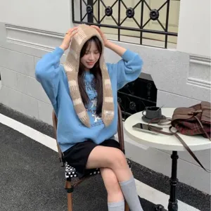 Stile coreano simpatico sciarpa con cappuccio in maglia e felpa blu inverno moda outfit caldo