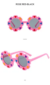 Children's cute floral sunglasses with colorful hearts and grey UV protection lenses.