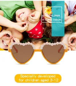 Detailed view of kids heart sunglasses with cute flower appliques, UV protection for children.