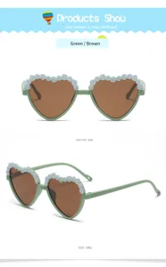 Children heart sunglasses with floral decoration, green frame and brown lens for kids outdoor.