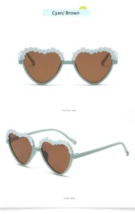 Kids heart-shaped sunglasses with cute white flower trim, cyan frame and brown UV protection lenses.