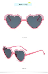 Kids pink heart sunglasses with floral lace detail, cute UV protection eyewear for children.