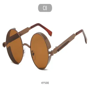 Vue rapprochée de lunettes de soleil rondes steampunk rétro avec protections latérales et verres.