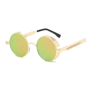 Lunettes de Soleil Rondes Steampunk Vintage pour Hommes Femmes Monture Métallique Protections Latérales Branches à Ressort UV400