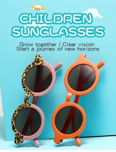 Close-up detail of stylish children sunglasses with fun colorful frames and UV protection.