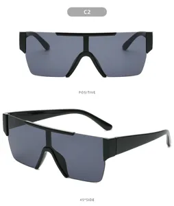 Trendy oversized one-piece shield sunglasses for men and women, stylish black frame eyewear.