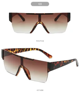Detail view of fashionable shield sunglasses, tortoise frame and brown gradient lenses.