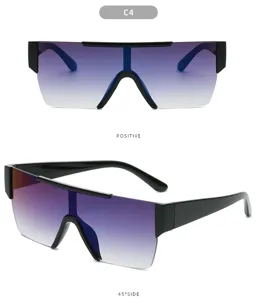 Detailed view of fashionable square sunglasses with gradient shield lenses and thick frames.