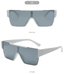 Detailed view of fashionable flat top shield sunglasses in white frame with grey reflective lens.