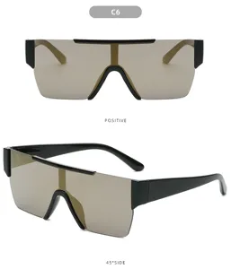 Detail view of trendy one-piece shield sunglasses featuring a modern square frame design.