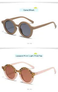 Children round sunglasses detail view, stylish jelly color kids UV protection eyewear.
