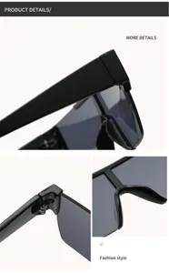 Close-up detail shot of stylish black oversized flat top sunglasses showing hinge and bridge.