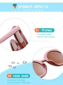 Kids sunglasses detail view showing textured pink frames and one-piece comfortable nose pads.