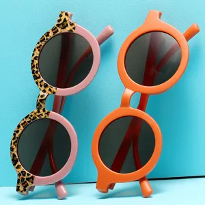 Fashionable Kids Round Frame Sunglasses UV400 Protection Leopard Print Jelly Color Contrast Toddler Baby Sunglasses For Outdoor Travel