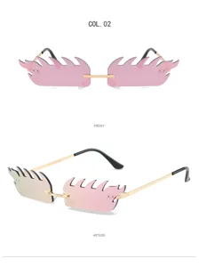 Stylish rimless sunglasses with unique flame shaped pink lenses and gold metal frames for women.